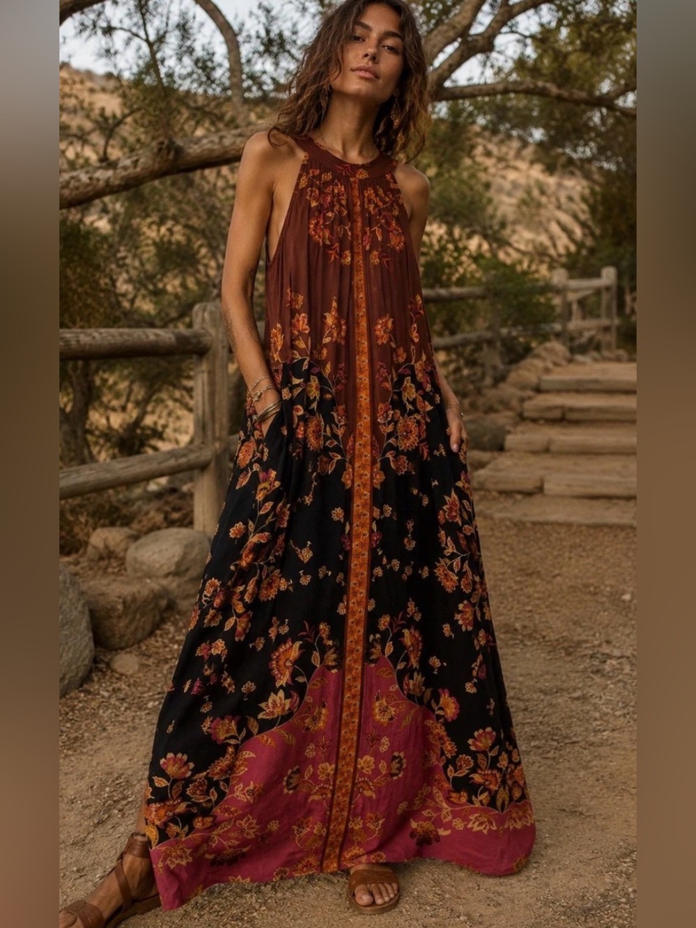 Boho MSK halter maxi dress with a striking rust-to-black color way design